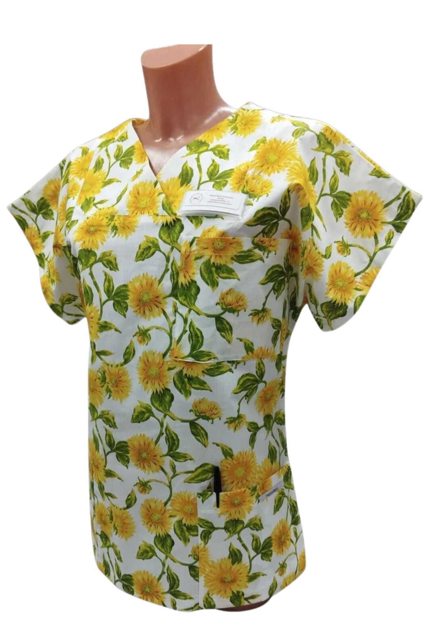 Kasack Sonnenblume- Handgefertigt aus 100 % Baumwolle, Sonnenblumenmuster, Pflegekasack Damen