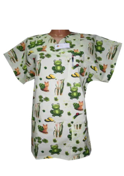 Kasack Frosch-Handgefertigt aus 100% Baumwolle, Froschmuster, Pflegebekleidung