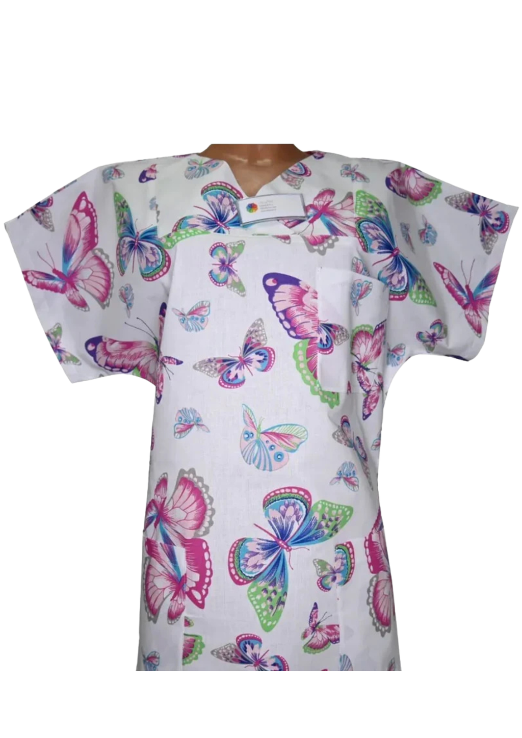 Kasack Schmetterling weiß-Handgefertigt aus 100% Baumwolle, Schmetterlingsmuster, Pflegebekleidung