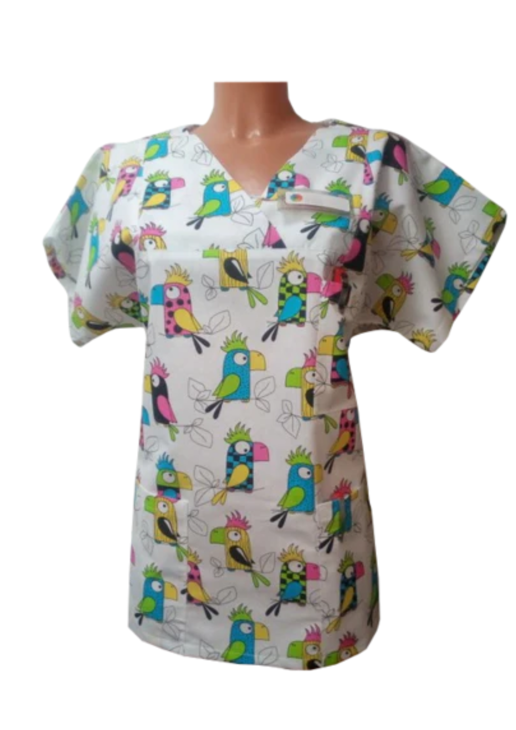 Kasack Papagei-  Handgefertigt aus 100% Baumwolle, Papageienmuster, Pflegebekleidung