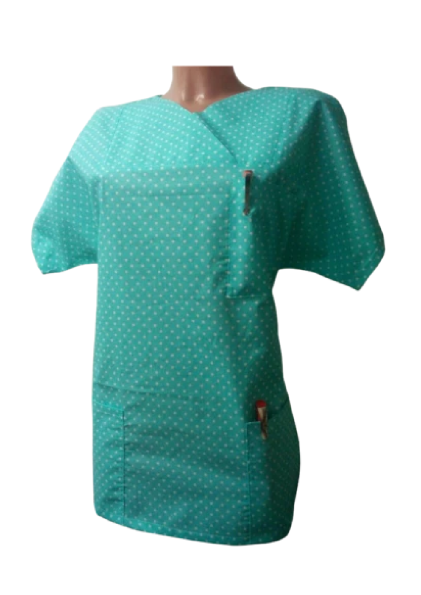 Kasack Punkt Türkis-  Handgefertigt aus 100% Baumwolle, Punktmuster, Pflegebekleidung