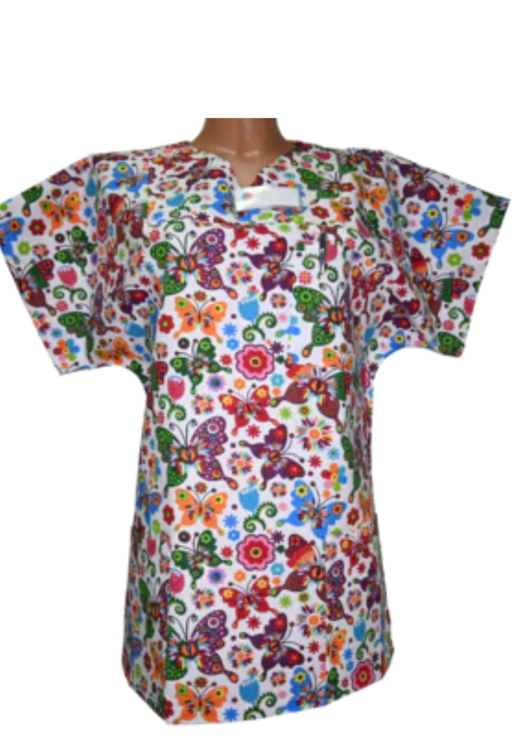 Kasack Schmetterling- Handgefertigt aus 100% Baumwolle, Schmetterlingsmuster, Pflegebekleidung