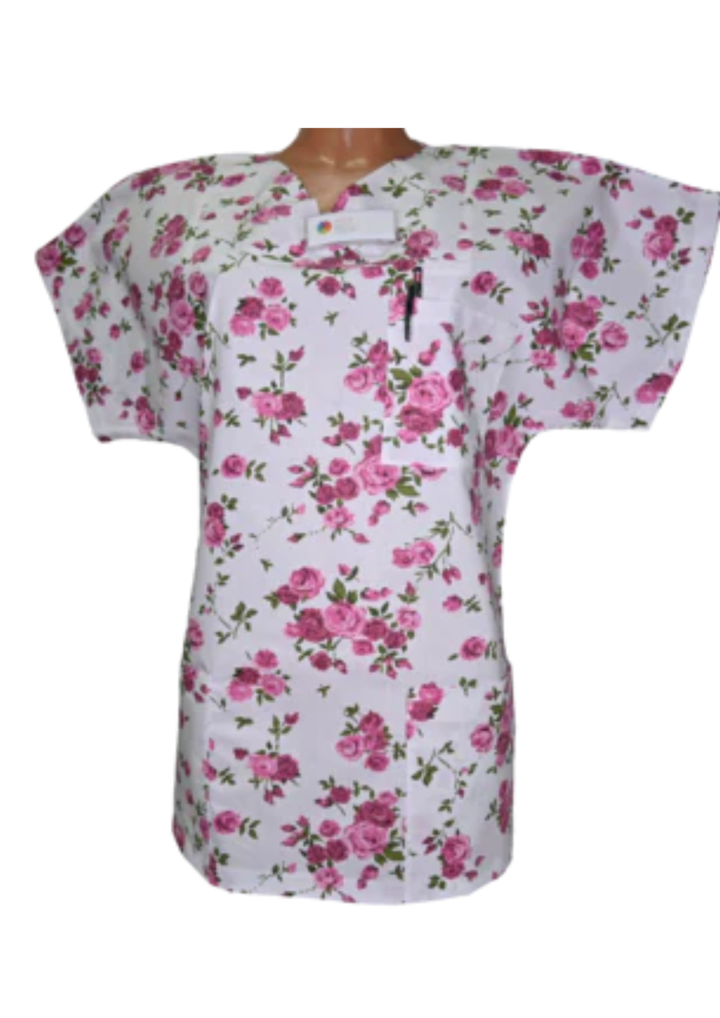 Kasack Rose pink-Handgefertigt aus 100% Baumwolle, Rosenmuster, Pflegebekleidung