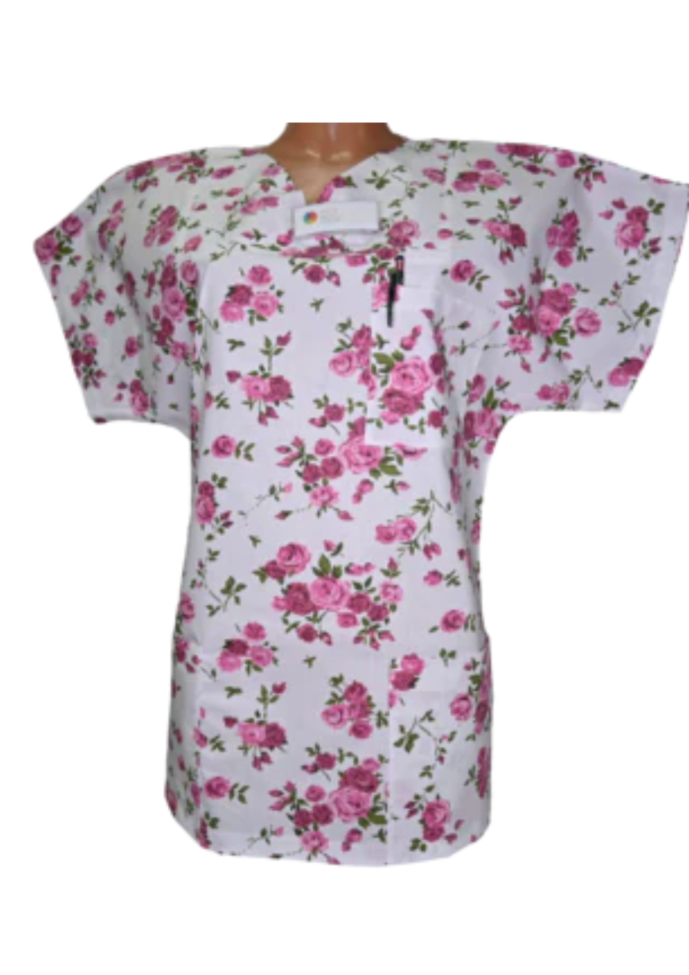 Kasack Rose pink-Handgefertigt aus 100% Baumwolle, Rosenmuster, Pflegebekleidung