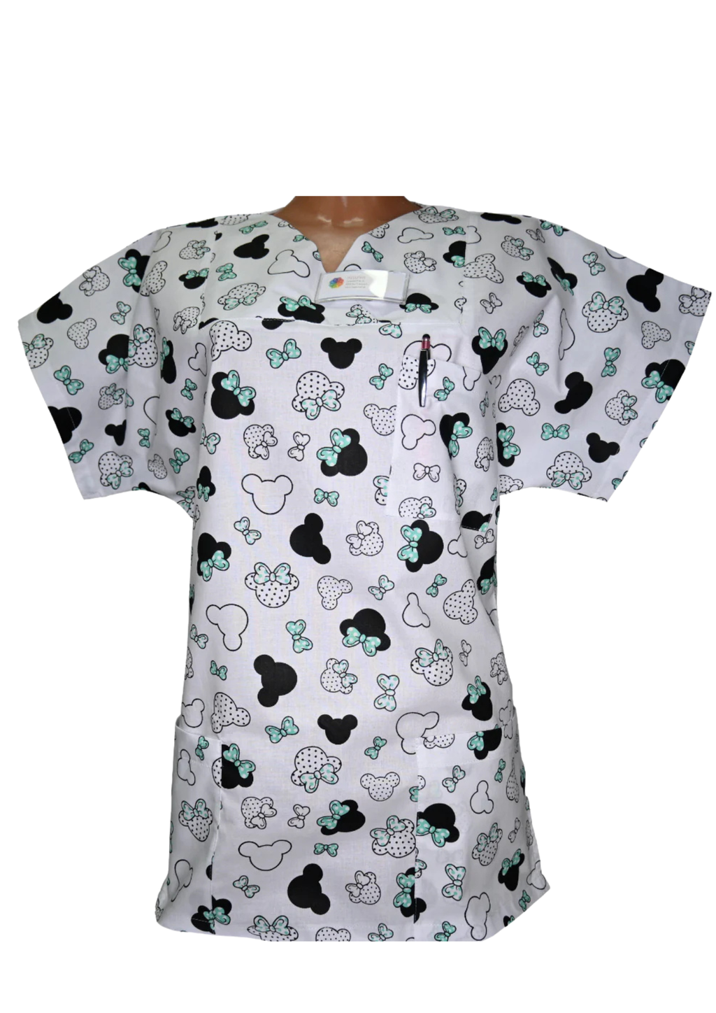 Kasack Mini Maus-Handgefertigt aus 100% Baumwolle, Mausmuster, Pflegebekleidung