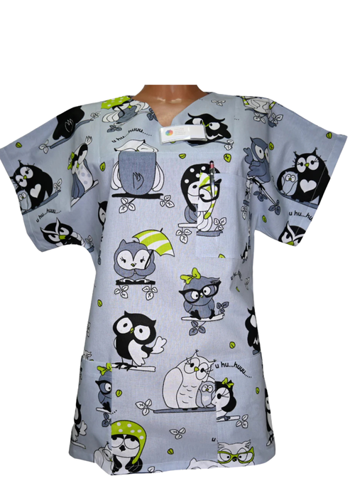 Kasack Eule neon grün – Handgefertigt aus 100 % Baumwolle, Eulenmuster, Pflegekasack Damen