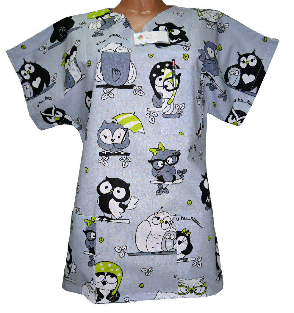 Kasack Eule neon grün – Handgefertigt aus 100 % Baumwolle, Eulenmuster, Pflegekasack Damen