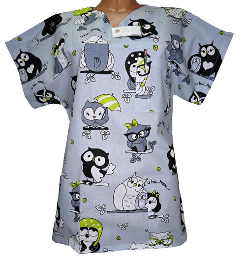 Kasack Eule neon grün – Handgefertigt aus 100 % Baumwolle, Eulenmuster, Pflegekasack Damen