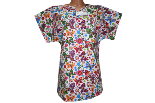 Kasack Schmetterling- Handgefertigt aus 100% Baumwolle, Schmetterlingsmuster, Pflegebekleidung