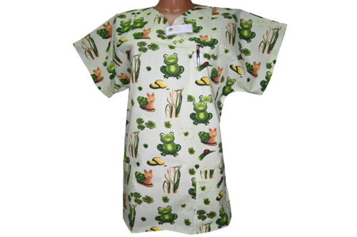 Kasack Frosch-Handgefertigt aus 100% Baumwolle, Froschmuster, Pflegebekleidung