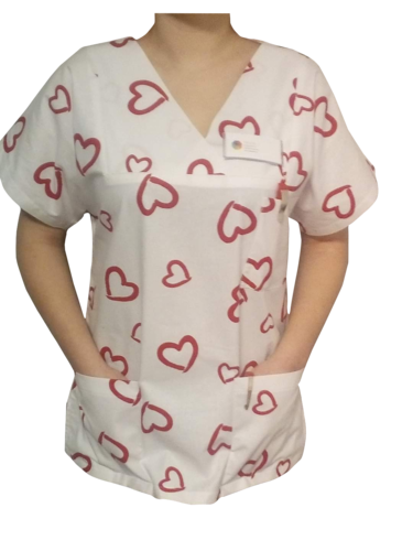 Kasack Herz rot- Handgefertigt aus 100% Baumwolle, Herzmuster, Pflegebekleidung