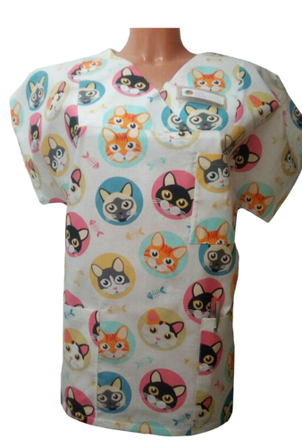 Kasack Katze-Handgefertigt aus 100% Baumwolle, Katzenmuster, Pflegebekleidung