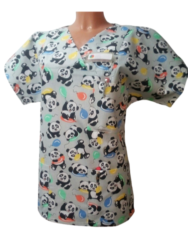 Kasack Panda- Handgefertigt aus 100% Baumwolle, Pandasmuster, Pflegebekleidung