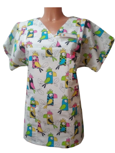 Kasack Papagei-  Handgefertigt aus 100% Baumwolle, Papageienmuster, Pflegebekleidung