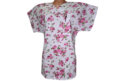 Kasack Rose pink-Handgefertigt aus 100% Baumwolle, Rosenmuster, Pflegebekleidung