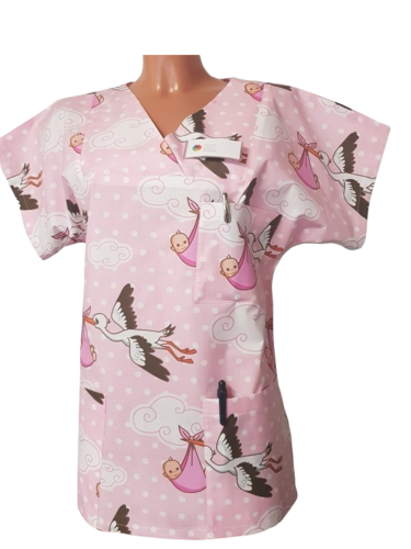 Kasack Storch- Handgefertigt aus 100% Baumwolle, Storchmuster, Pflegebekleidung