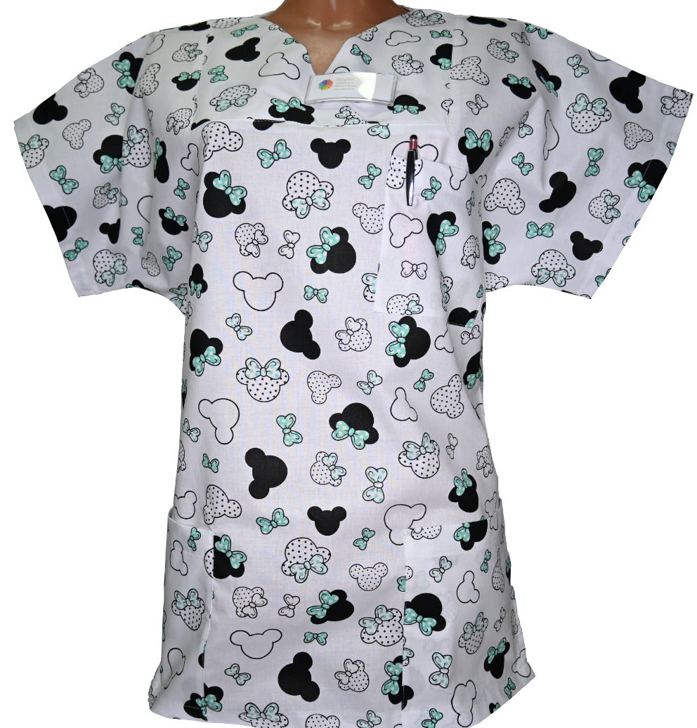 Kasack Mini Maus-Handgefertigt aus 100% Baumwolle, Mausmuster, Pflegebekleidung