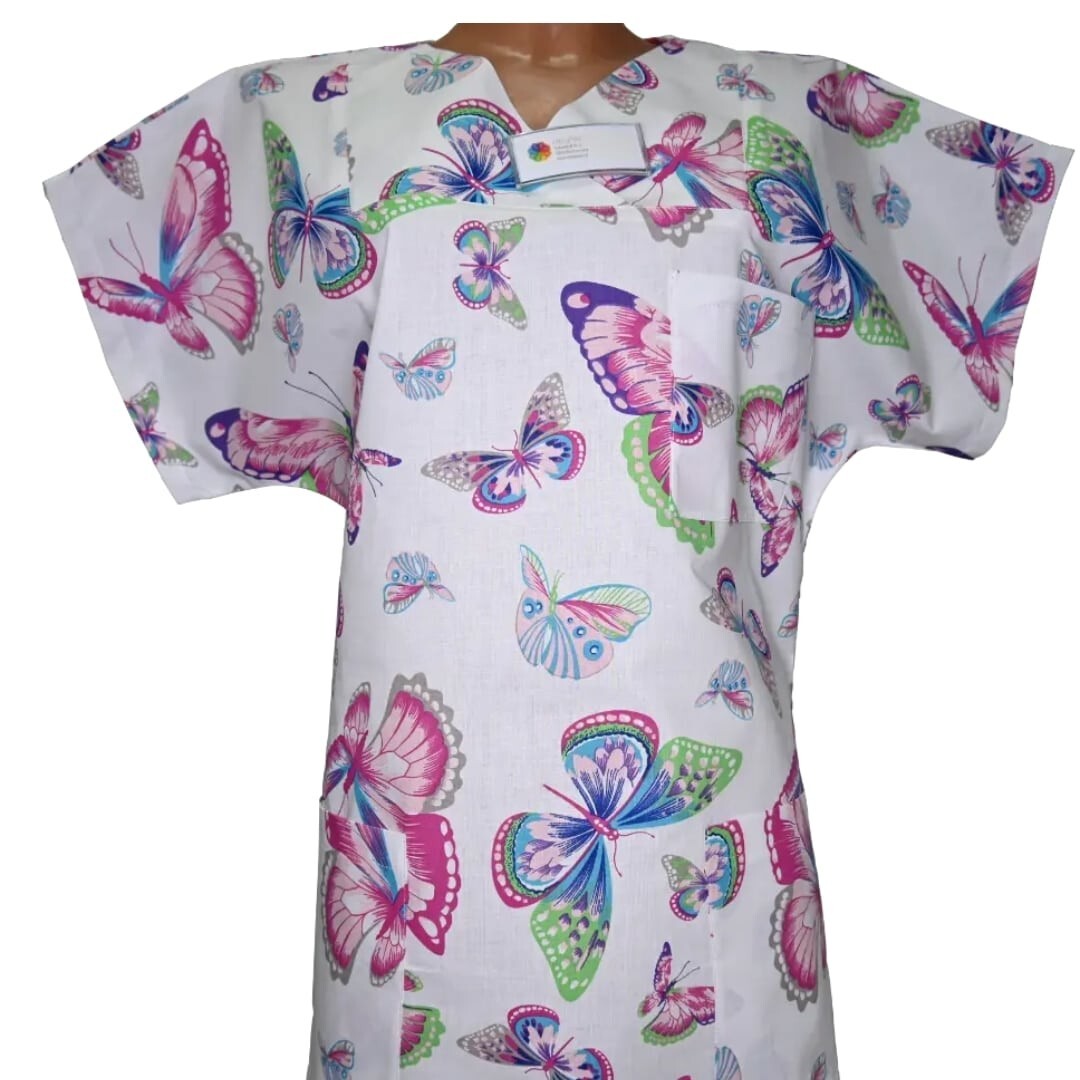 Kasack Schmetterling weiß-Handgefertigt aus 100% Baumwolle, Schmetterlingsmuster, Pflegebekleidung
