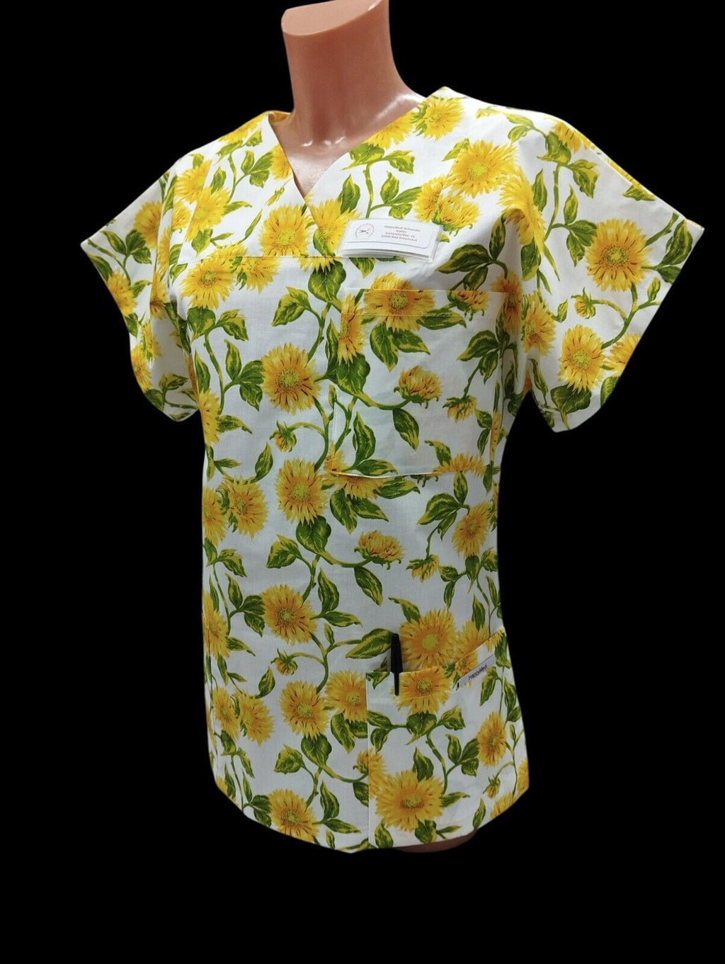 Kasack Sonnenblume- Handgefertigt aus 100 % Baumwolle, Sonnenblumenmuster, Pflegekasack Damen