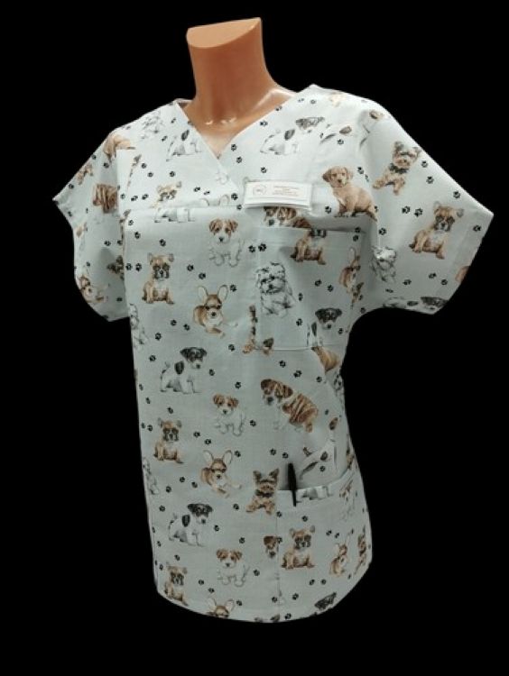 Kasack Hunde-  Handgefertigt aus 100% Baumwolle, Hundemuster, Pflegebekleidung