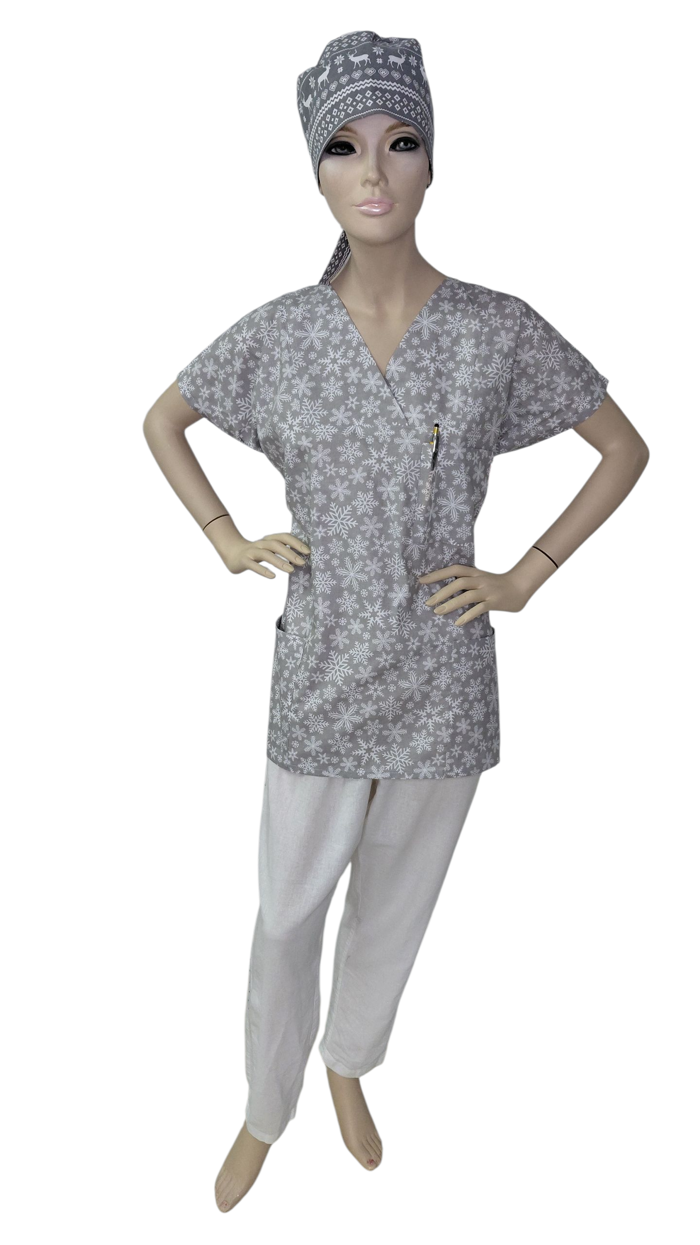 Weihnachts-Kasack Grau Schneeflocken – Handmade Kasack für Pflege & Klinik