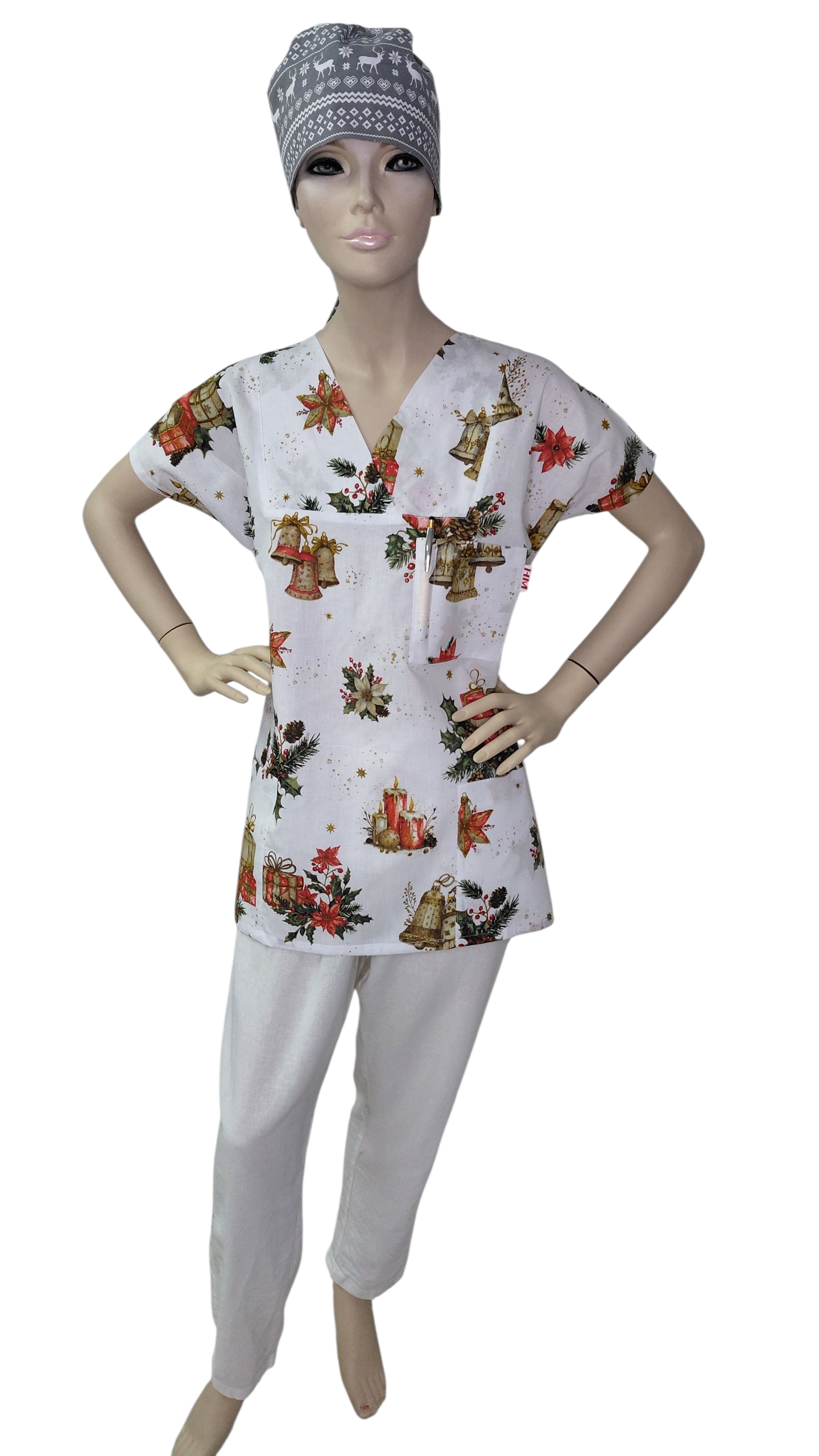 Weihnachts-Kasack Weiß Gold Kerzen – Handmade Pflege Kasack Weihnachten